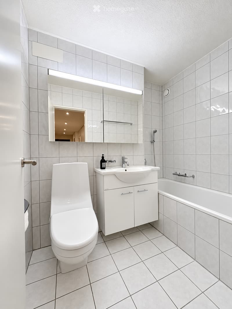 Modern bathroom with white tiles, a toilet, a sink with a cabinet, a bathtub, and a large mirror with built-in storage.