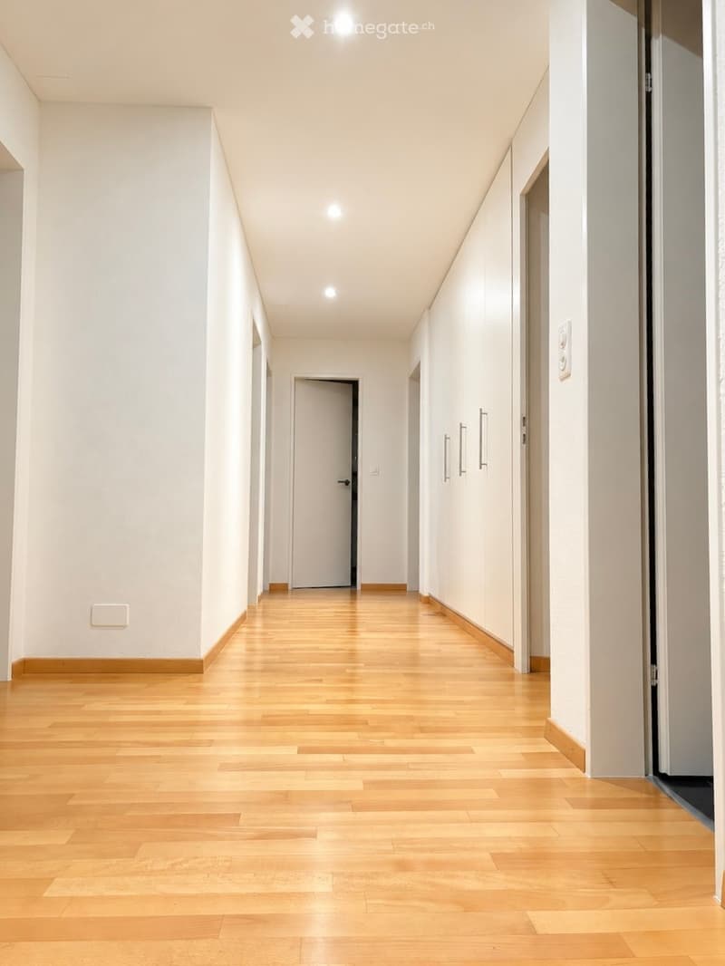 Clean, modern hallway with light wooden flooring, white walls, and recessed ceiling lighting. Features a closed door at the end and built-in cabinetry on one side.