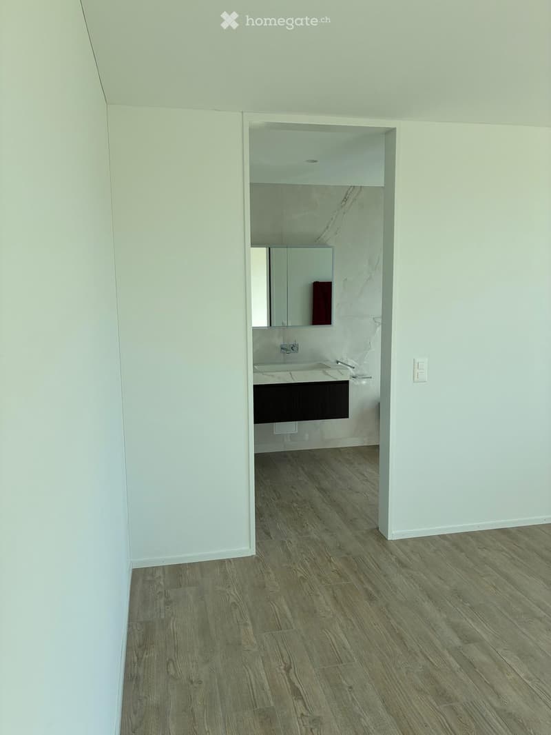 Empty hallway leading to a small, modern bathroom with white walls, marble tiles, and a wooden floor. The bathroom features a sink, mirror, and dark cabinetry.