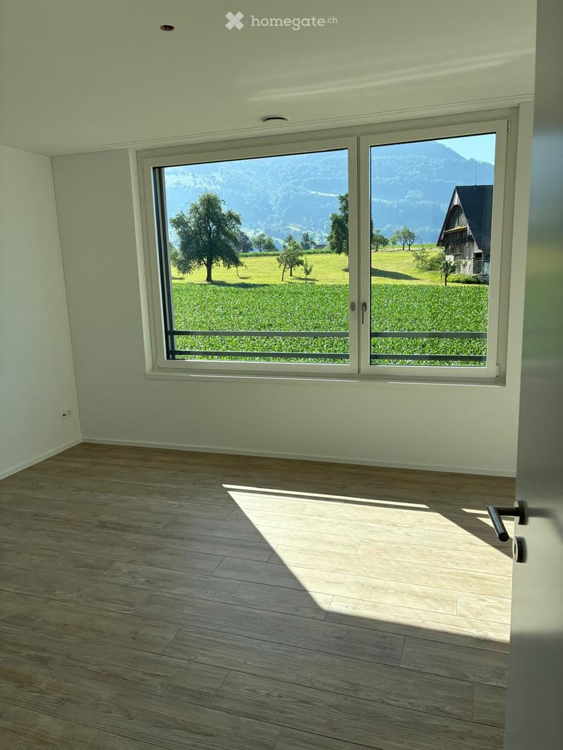 Empty room with light-colored wooden flooring and large windows offering a scenic view of a green field and mountains.