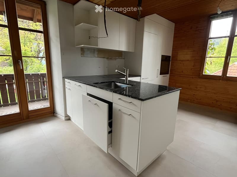 Modern kitchen with white cabinets, black granite countertop, and stainless steel sink.