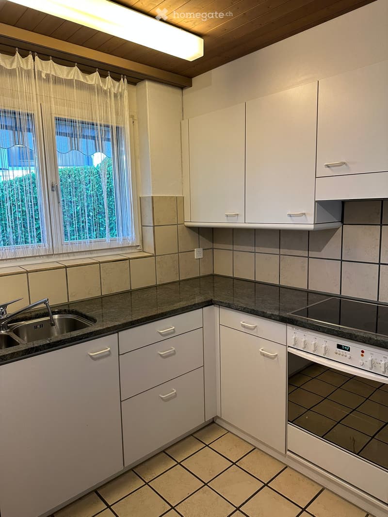 Modern kitchen with white cabinets, black countertop, stainless steel sink, and built-in oven. Features tiled backsplash and window with sheer curtains.