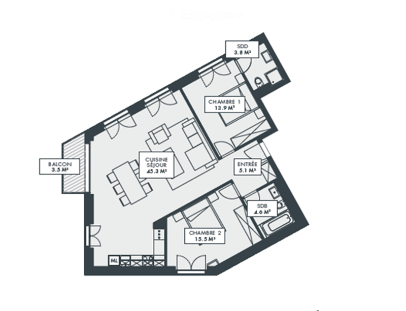 Floor plan of an apartment with a living room, kitchen, two bedrooms, two bathrooms, and a balcony.