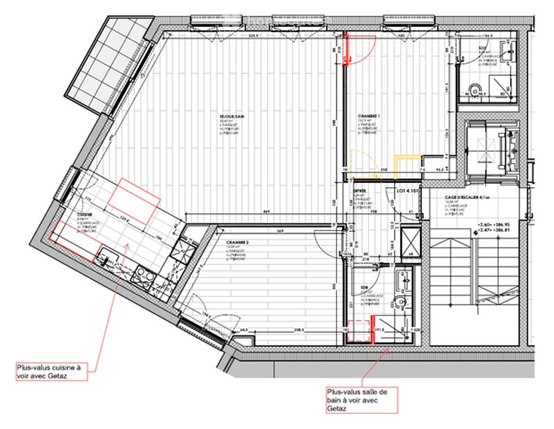 Floor plan of a residential building showing multiple rooms including living room, kitchen, bedrooms, bathrooms, and a garage. Dimensions and room labels are indicated.