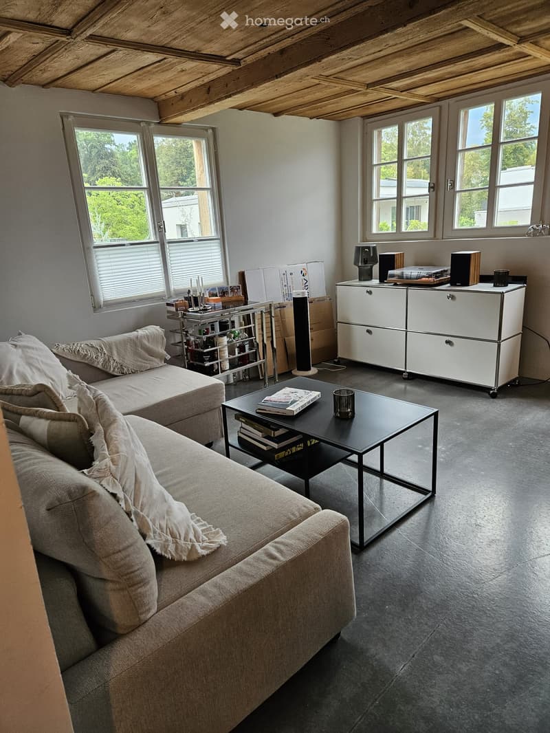 Modern living room with a grey sofa, coffee table, books, and a cabinet with speakers. Large windows provide natural light.