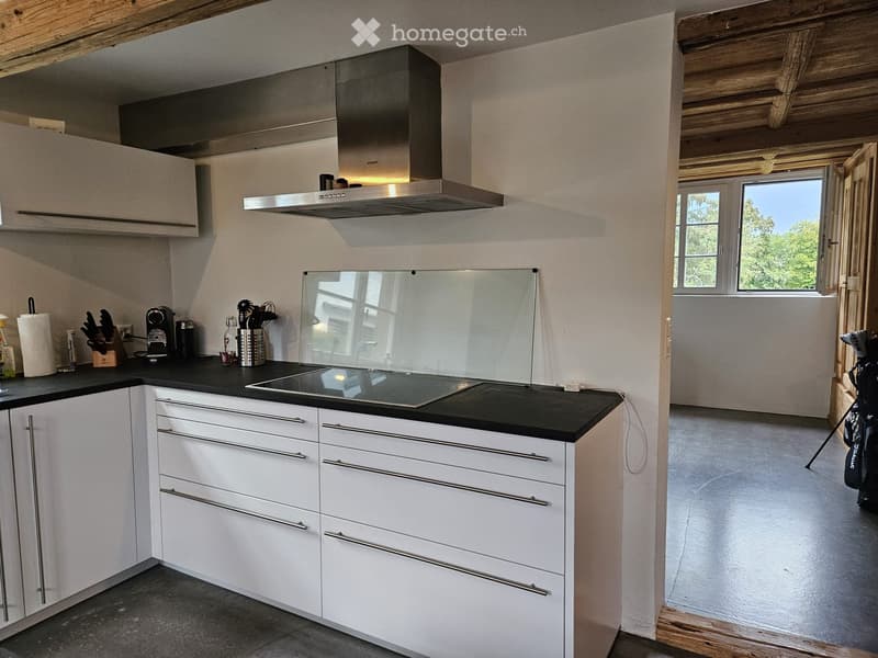 Modern kitchen with white cabinets, black countertops, stainless steel range hood, induction cooktop, and various appliances.