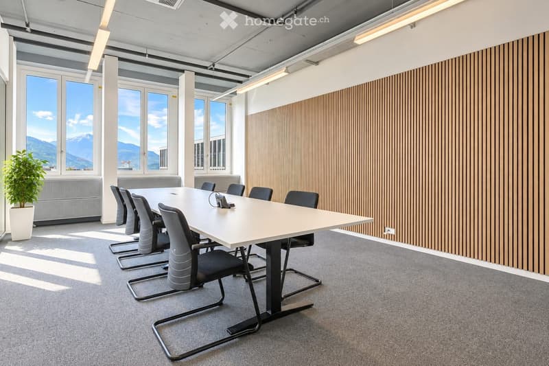 Modern conference room with a large white table, several chairs, and a potted plant near the window. The room features large windows with a scenic mountain view and exposed ceiling beams.