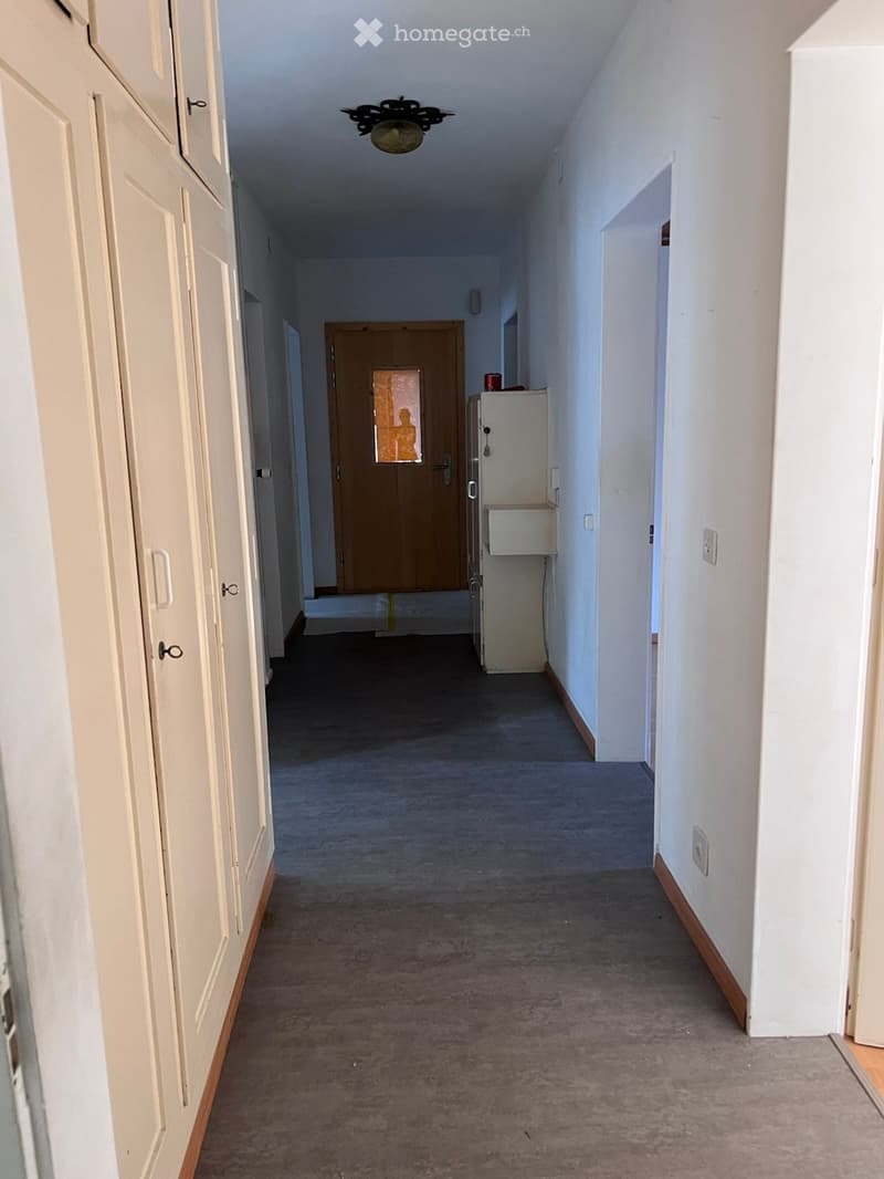Empty hallway with carpeted floor, white walls, and several doors including a closet and a room entrance.
