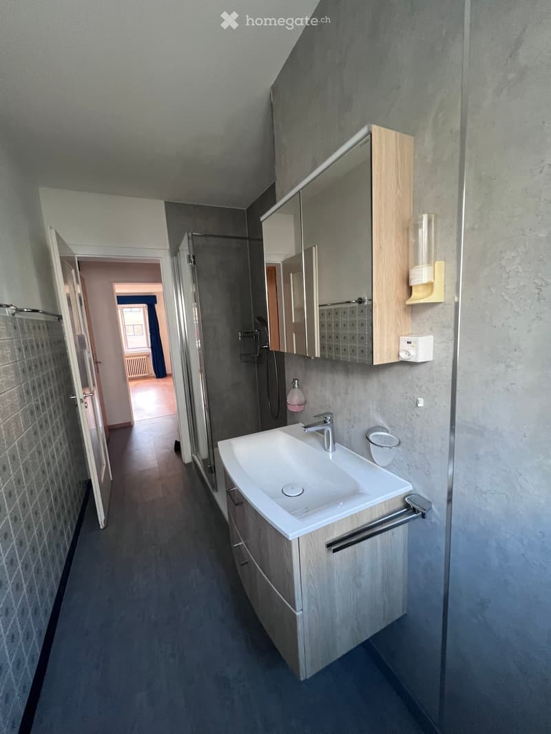 Modern bathroom with a white sink, mirror cabinet, and glass shower enclosure. The space features grey tiled walls and a dark grey carpeted floor.