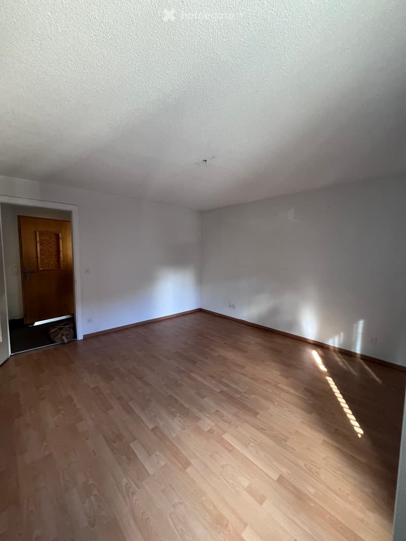 Empty room with light wooden flooring and white walls, featuring a wooden door leading to another space.