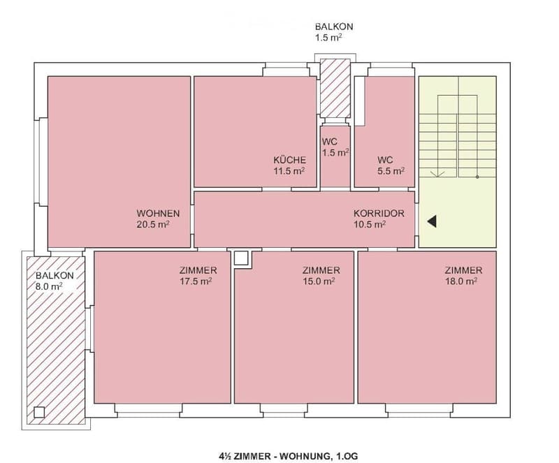 Floor plan of a 4-room apartment on the first floor, including living room, kitchen, three bedrooms, two bathrooms, and two balconies.