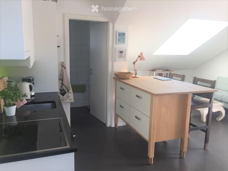 Modern kitchen with a black induction stove, white cabinets, a wooden kitchen island with drawers, and a small table with chairs. A potted plant and a lamp are visible, along with a doorway leading to a bathroom.