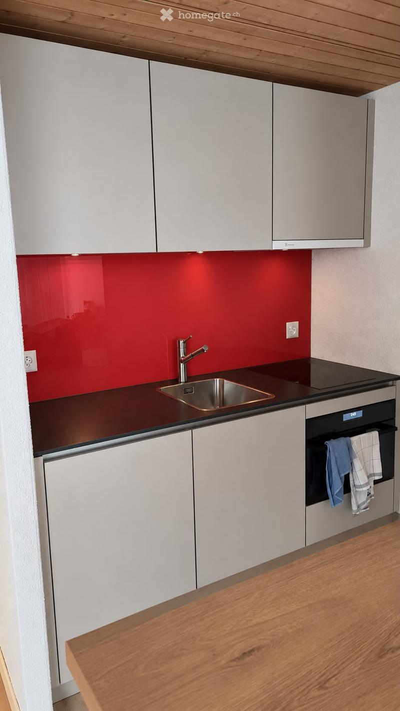 Modern kitchen with white cabinets, a red backsplash, a stainless steel sink, and a built-in oven. Wooden countertop and floor.
