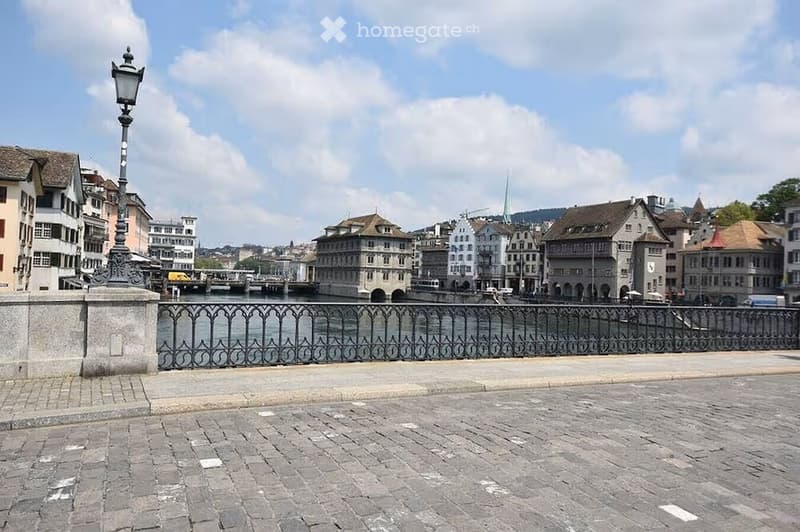 View of a cityscape across a river with historic buildings, a decorative lamppost, and a metal fence along the walkway.