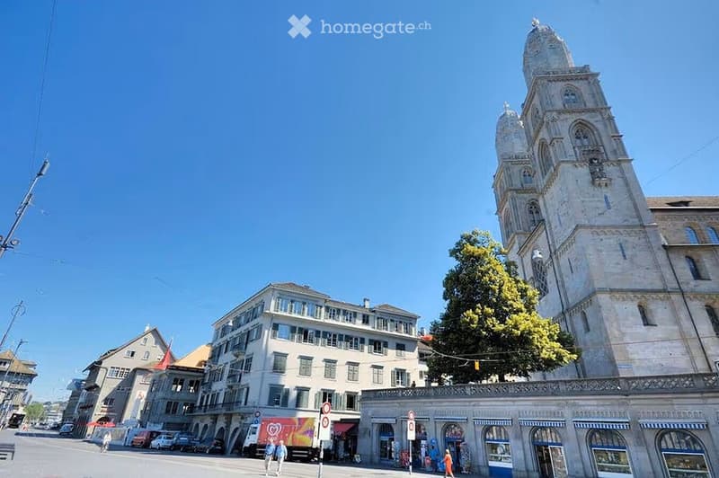 A large, ornate building with a tall tower and intricate stonework, surrounded by smaller buildings and a tree, with a clear blue sky in the background.