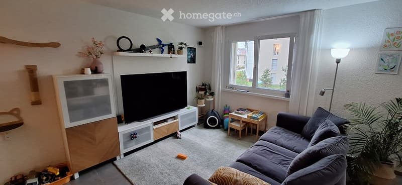 Living room with a grey sectional sofa, coffee table, TV stand, floor lamp, small table with chairs, cat tree, and decorative shelf with various items.