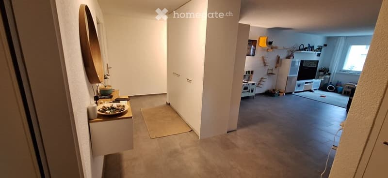 A well-lit hallway with tiled flooring, leading to a living area. The hallway features a small table with a bowl and decorative items, and a mirror on the wall. The living area includes a TV, shelves, and various household items.
