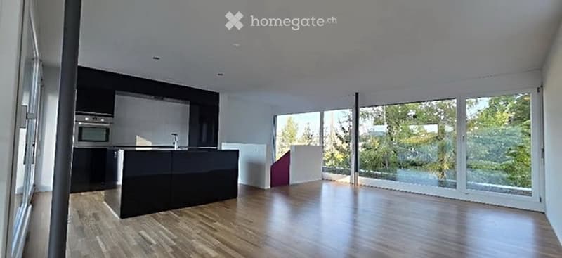 Modern, open-concept kitchen with dark cabinets, a central island, and large windows overlooking a green outdoor area.