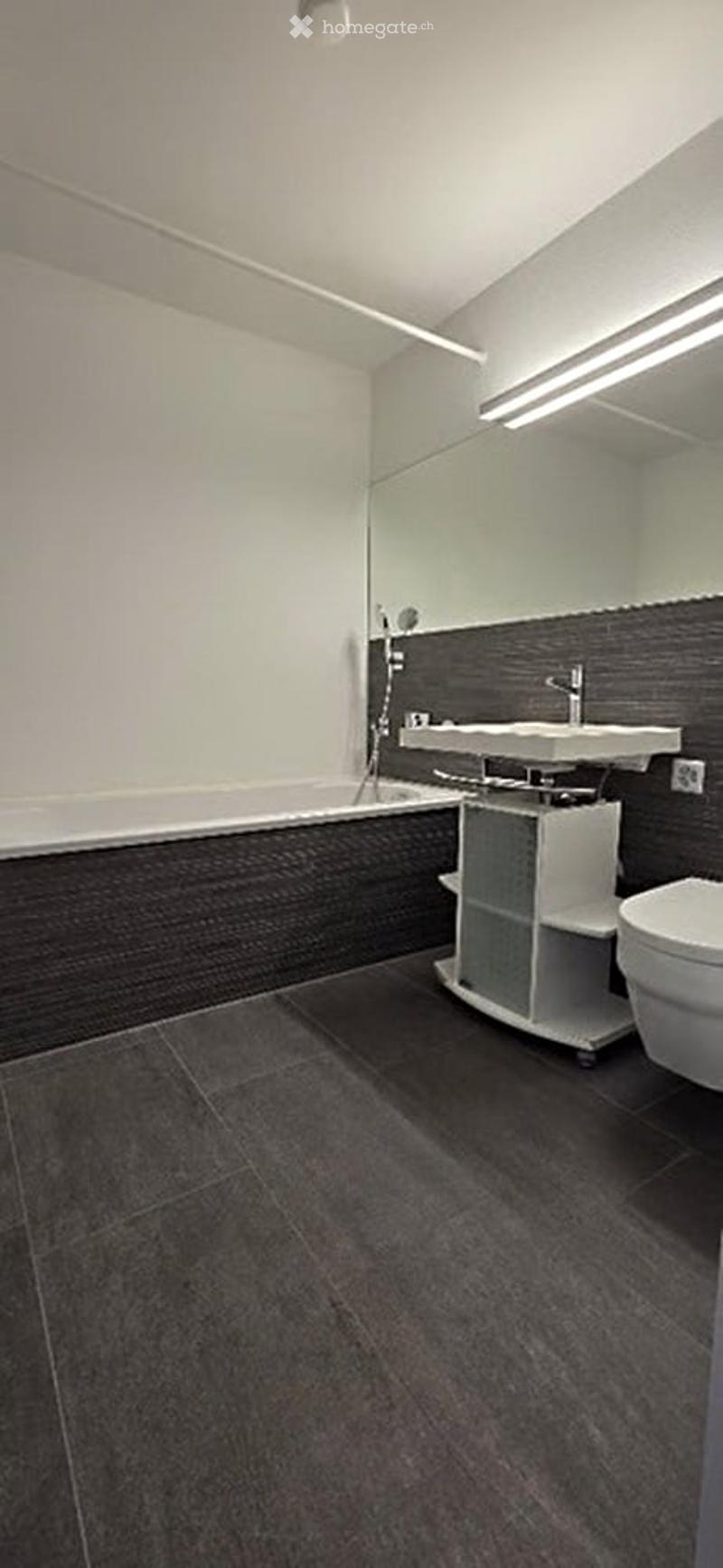 Modern bathroom with dark grey tiles, white fixtures, a bathtub, a sink, a toilet, and a mirror.
