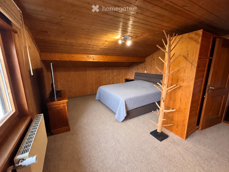 Cozy wooden bedroom with a large bed, nightstand, TV, radiator, and a decorative coat rack.