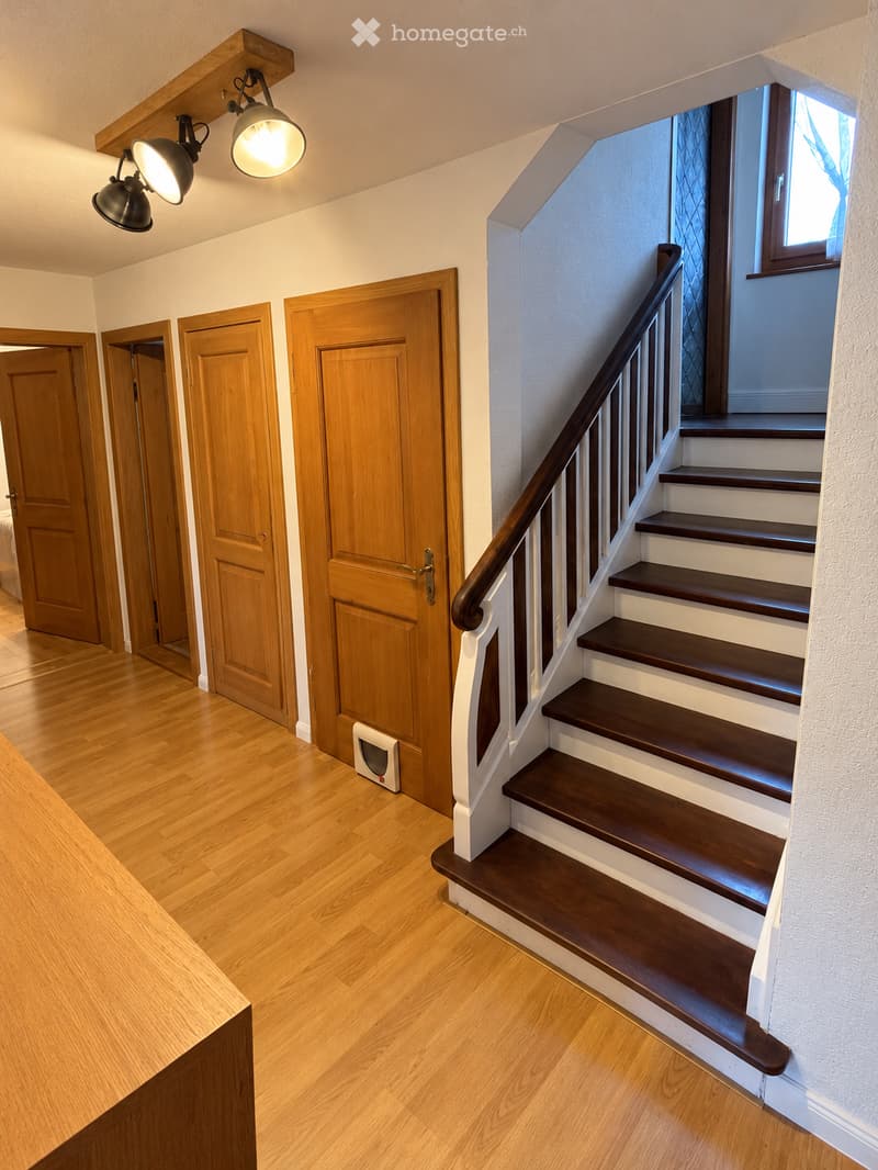 Spacious hallway with wooden flooring, multiple wooden doors, and a staircase leading upwards with wooden steps and a dark wooden handrail.