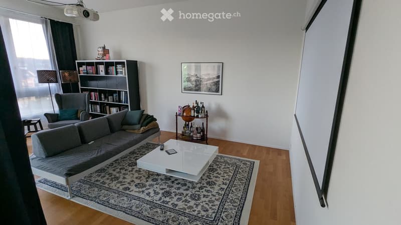 Modern living room with a grey sectional sofa, white coffee table, armchair, bookshelf, floor lamp, and a small table with bottles and a globe.