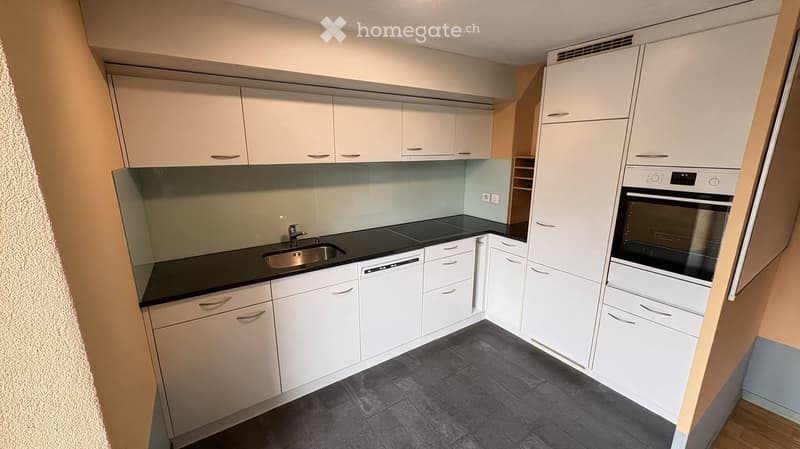Modern kitchen with white cabinets, black countertops, stainless steel sink, dishwasher, and built-in oven.