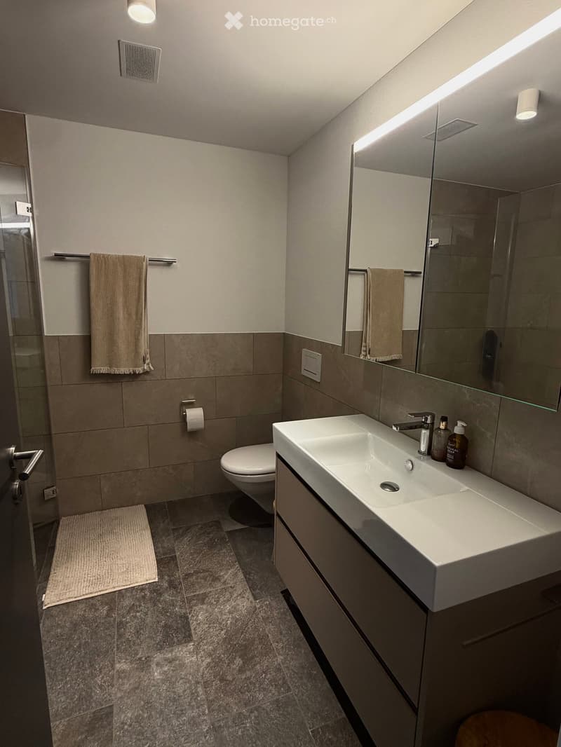 Modern bathroom with a white sink, chrome faucet, toilet, large mirror, and beige towels. The walls are tiled in neutral tones, and the floor is covered with a gray stone tile.