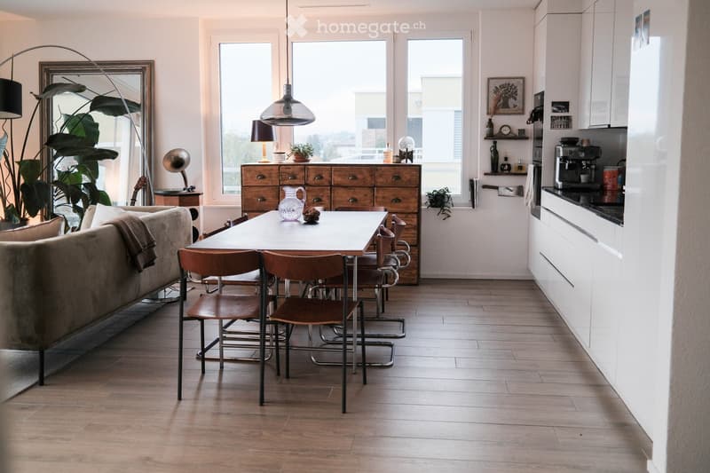 Open-plan living and dining area with a sofa, dining table, chairs, kitchen cabinets, and various decorative items including a mirror, floor lamp, and plant.