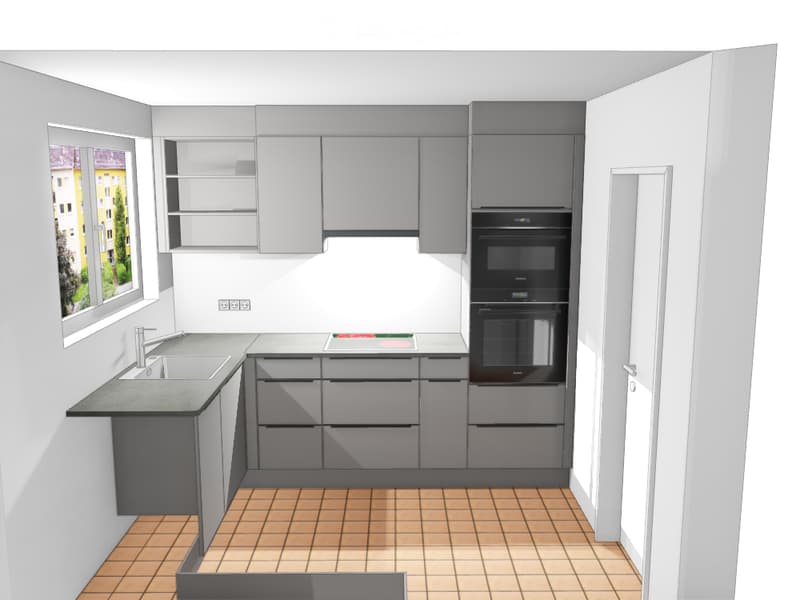 Modern kitchen with grey cabinets, a sink with a faucet, and an oven. The floor is tiled, and there is a window with a view of a building and greenery.