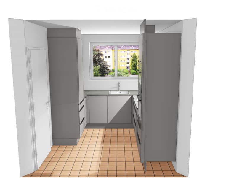 Empty kitchen with tiled floor, grey cabinets, sink, and window overlooking a building and greenery.