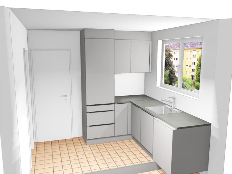 Modern kitchen with grey cabinets, white countertops, sink, and a window offering a view of a building and greenery outside.