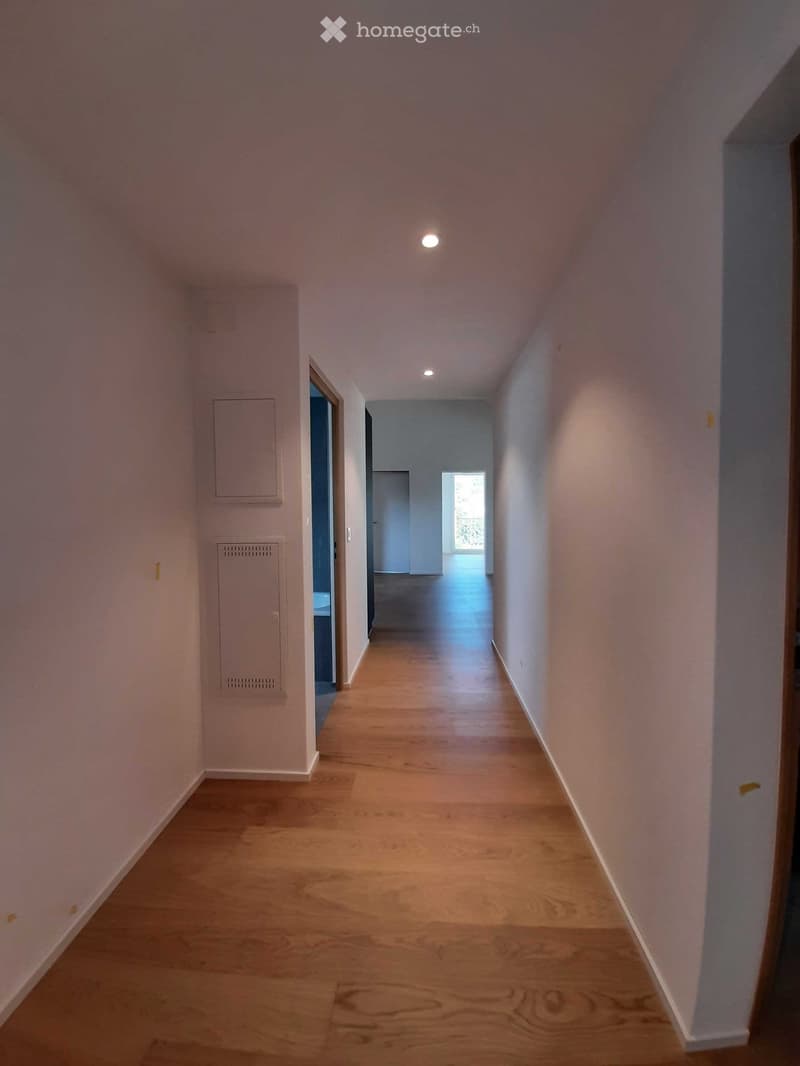 Empty hallway with wooden flooring, white walls, and recessed lighting. A door is visible on the left, and a window at the end allows natural light to enter.