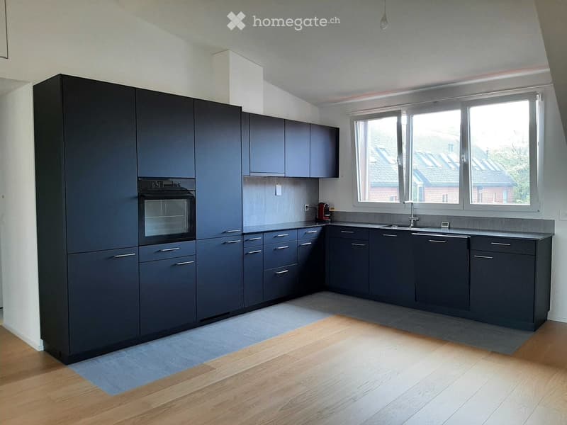 Modern kitchen with dark grey cabinets, wooden flooring, and large windows offering a view of the roof tops.