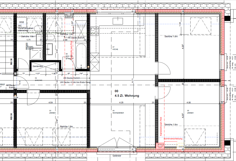 Floor plan of a 4.5-room apartment with labeled rooms including living room, kitchen, bedrooms, bathrooms, and entrance area. Dimensions and structural details are indicated.