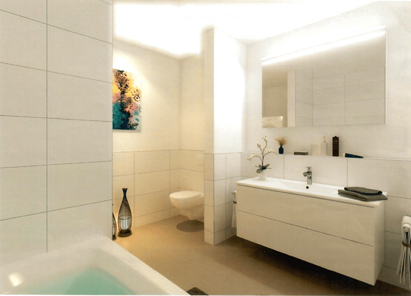 Modern bathroom with white tiles, a bathtub, toilet, sink with a mirror, and decorative vases.