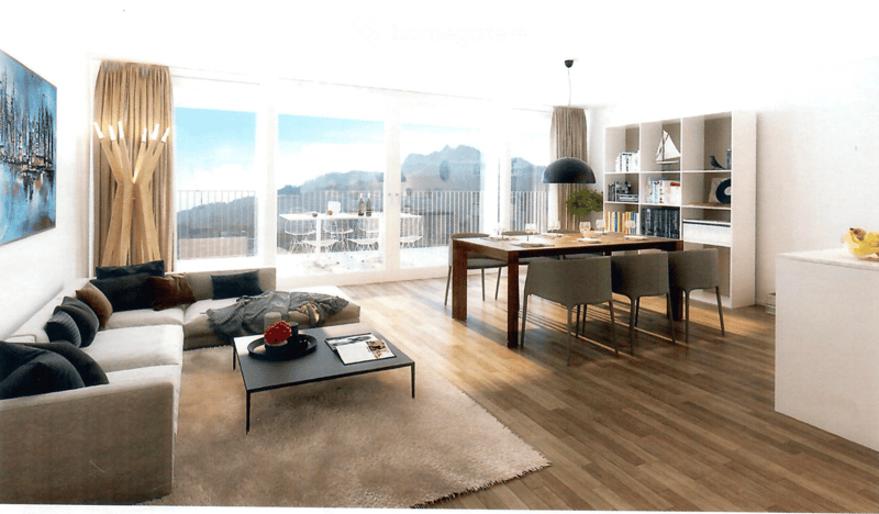 Modern living and dining area with a white sectional sofa, coffee table, dining table with chairs, bookshelf, and large windows opening to a balcony.