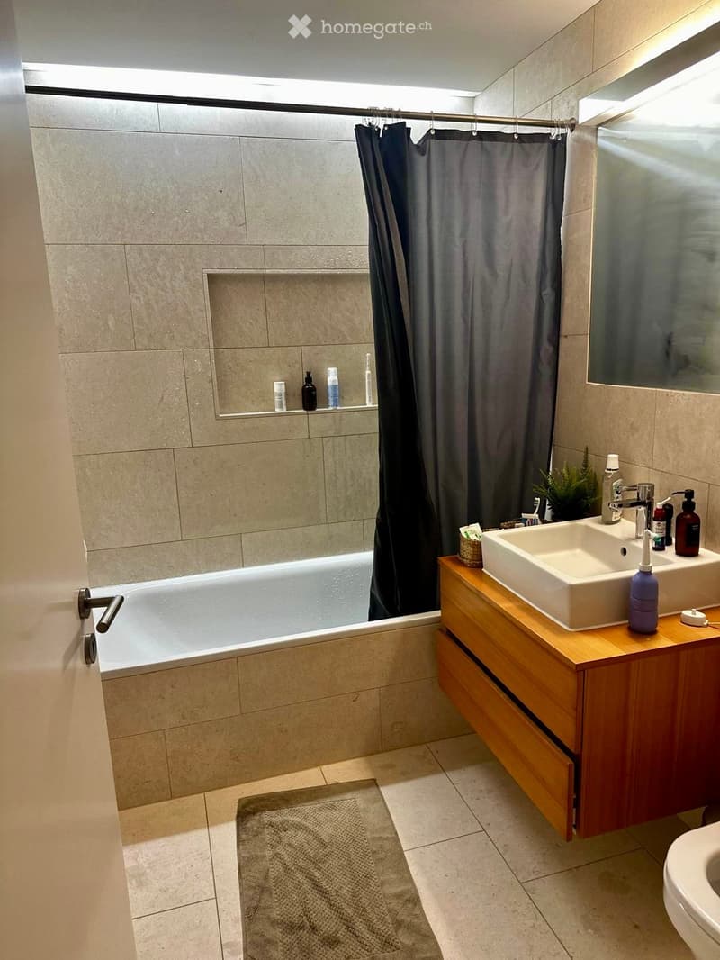 Modern bathroom with a bathtub, sink, and toilet. Features a wooden bathroom cabinet, a large mirror, and a shower curtain. The space includes a small plant and various bathroom accessories on the sink counter and shelf.