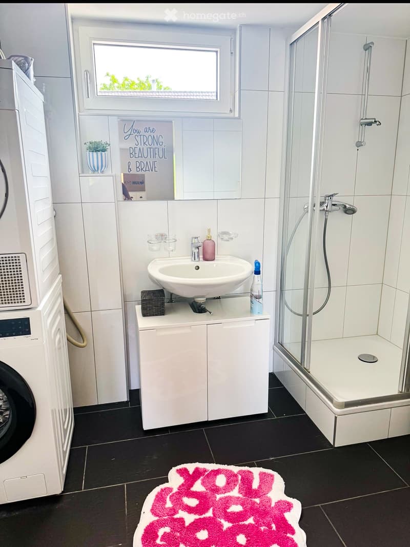 Modern bathroom with a white sink, shower, washing machine, and a decorative rug on the floor.