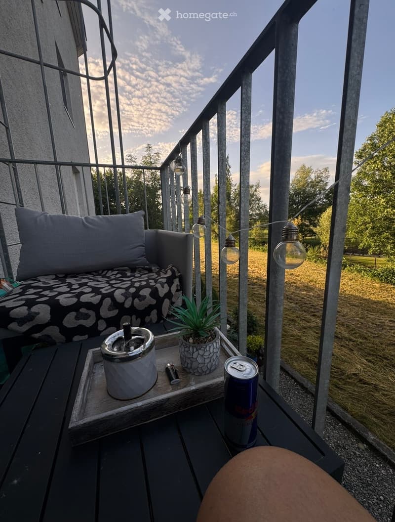 Balcony with a small sofa, a table holding an ashtray, a potted plant, and a can, with string lights hanging above.