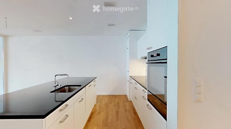 Modern kitchen with white cabinets, black countertops, wooden flooring, and stainless steel sink and oven.
