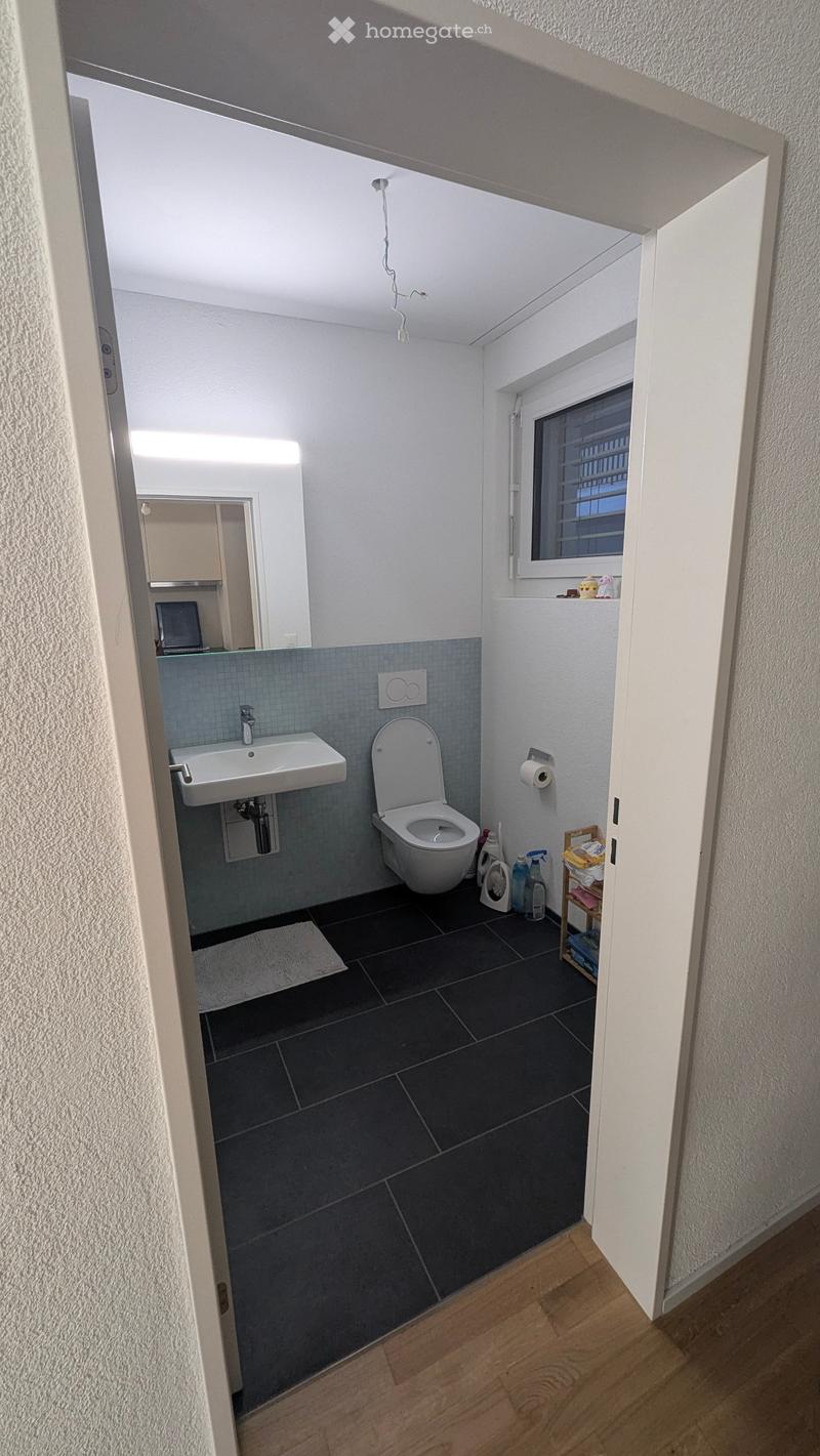Modern bathroom with white walls, dark tiled floor, sink, toilet, mirror, and cleaning supplies on a small shelf.