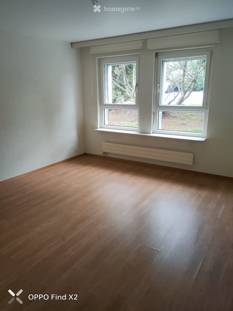 Empty room with light wooden flooring, white walls, and large windows with white frames. A radiator is visible below the windows.