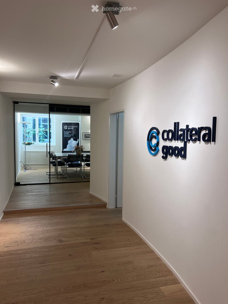Modern hallway with wooden flooring, white walls, and a large glass partition leading to a meeting room area with chairs and a table.