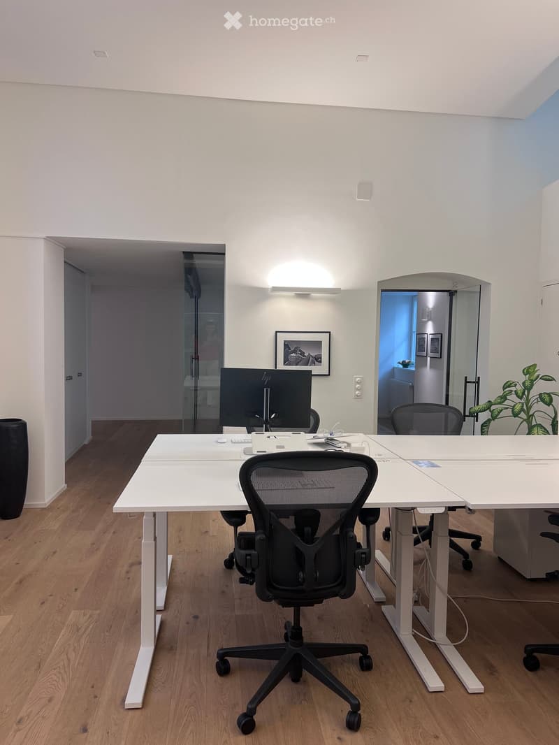 Modern office space with a white desk, ergonomic chair, computer monitor, keyboard, mouse, and a potted plant in the corner.