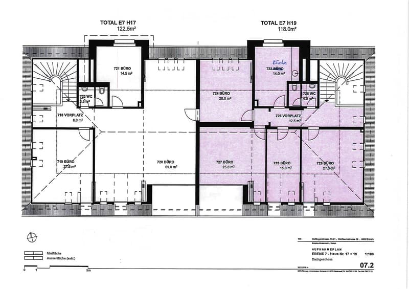 Floor plan of two apartments (E7 H17 and E7 H19) with labeled rooms including offices (BÜRO), bathrooms (WC), and entrance areas (VORPLATZ).