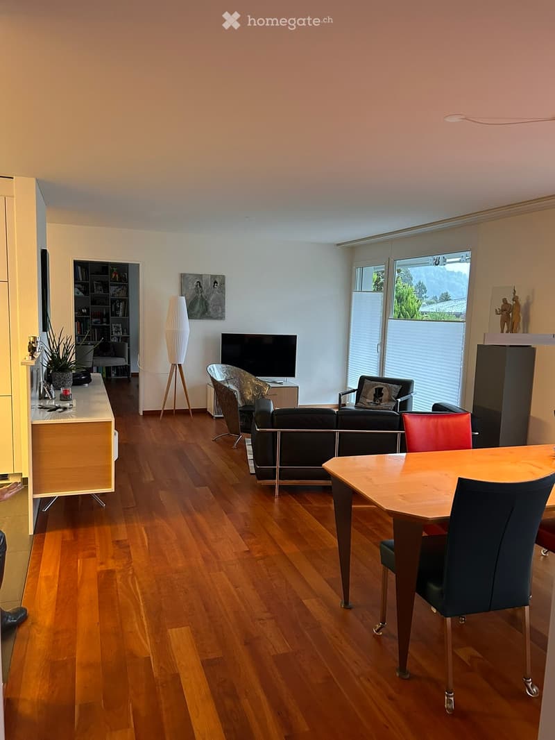 A modern living room with wooden flooring, a sofa, chairs, a dining table, a television, a floor lamp, a bookshelf, and a plant.