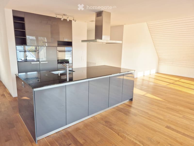 Modern kitchen with grey cabinets, black countertop, stainless steel appliances, and wooden flooring.