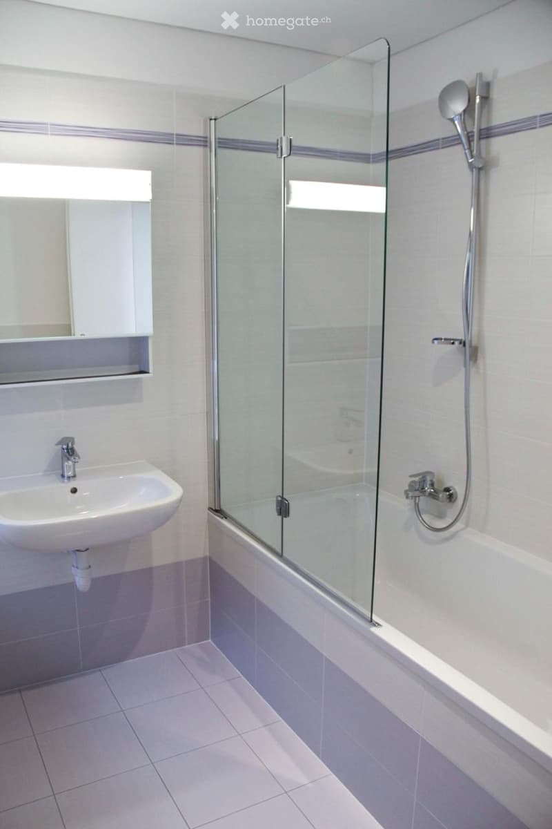 Modern bathroom with a white tiled floor and walls, a glass-enclosed shower, a sink with a mirror, and a bathtub with a handheld showerhead.