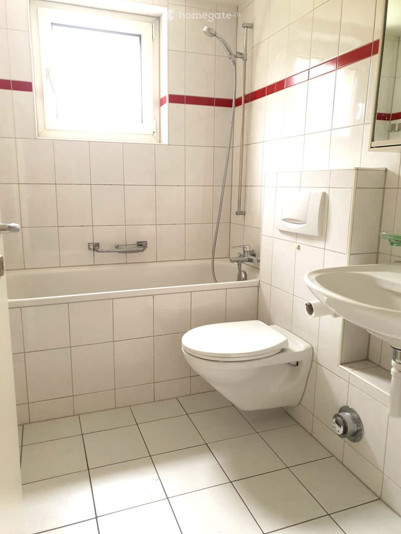 Modern bathroom with white tiles, a toilet, a sink, a bathtub, a showerhead, a mirror, and a handrail.